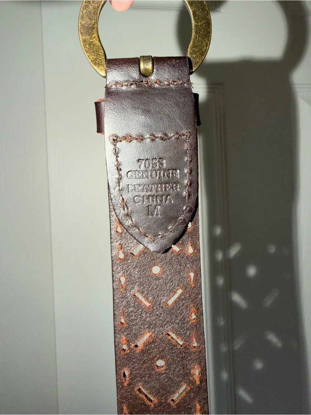 Brown Perforated Leather Belt with Brass Ring Buckle